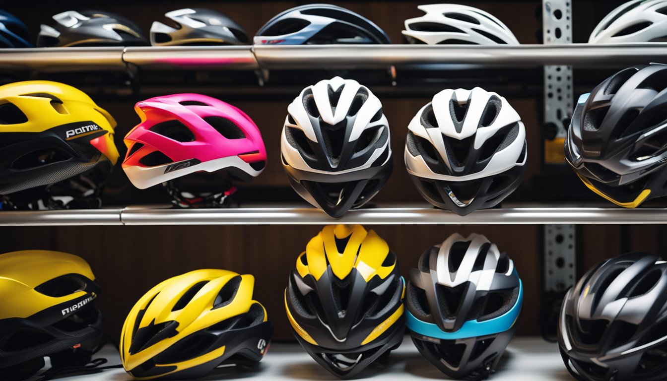 A group of road bike helmets with MIPS technology lined up on a shelf
