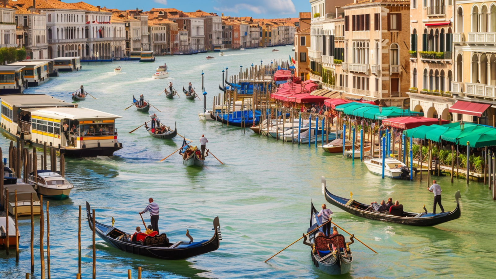 Gondolas sailing along the Grand Canal in Venice, Italy