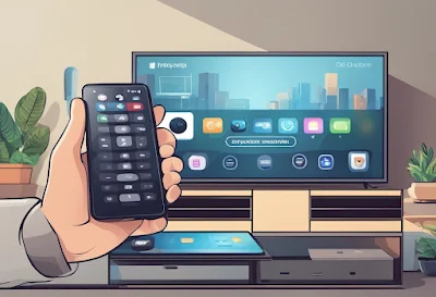 A hand holding a smartphone with a remote control app open, pointing towards a TV or home entertainment system. The phone screen displays various control options for the user to operate their devices