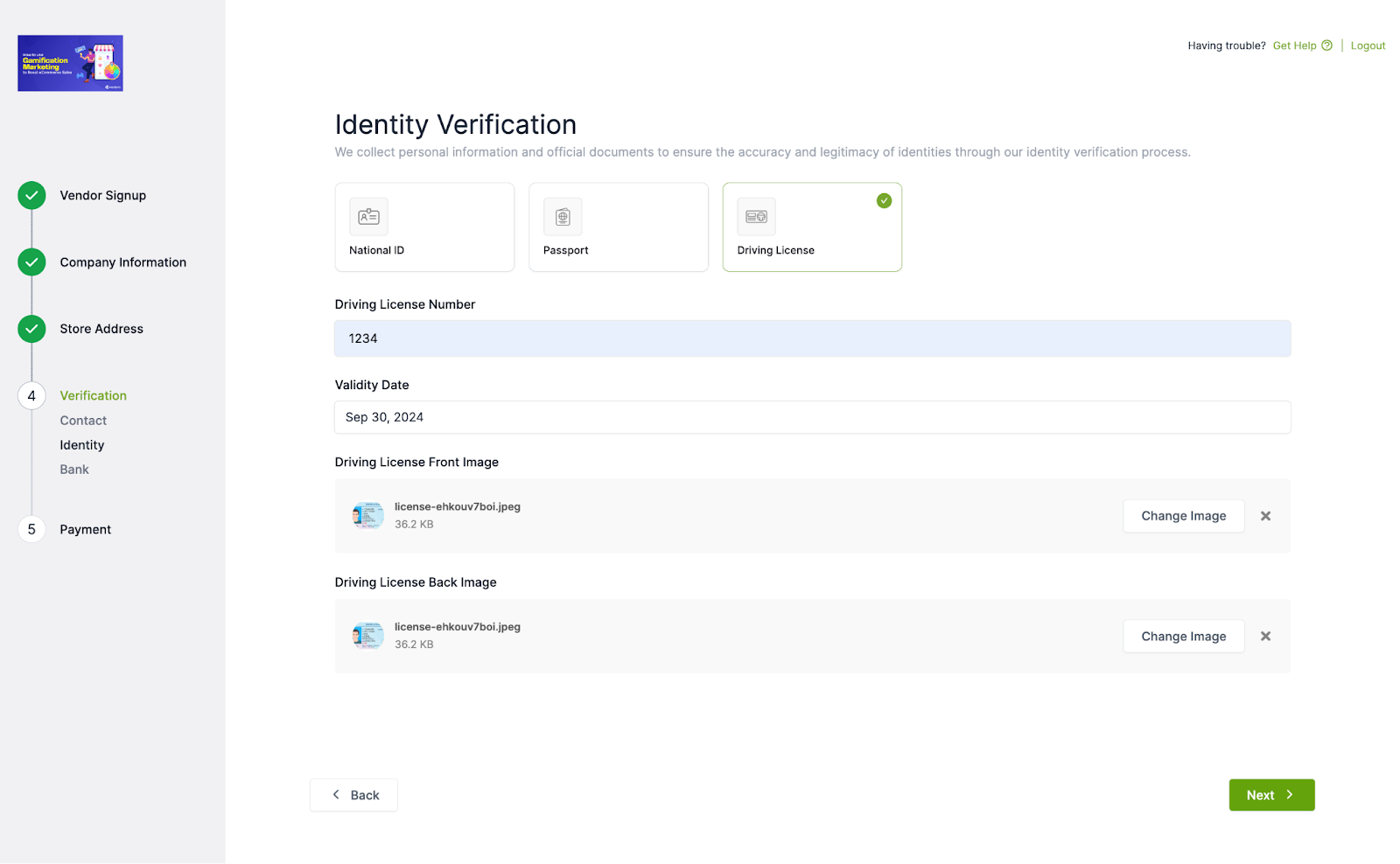 This image shows the identity verification of the vendor