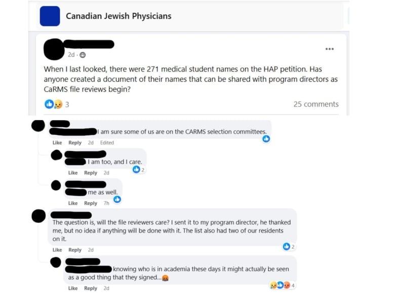 Screenshots from a group called Canadian Jewish Physicians
