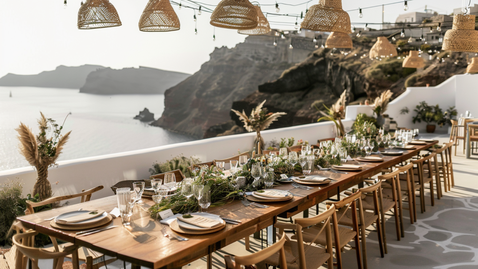 A table setting for a wedding reception in Santorini.
