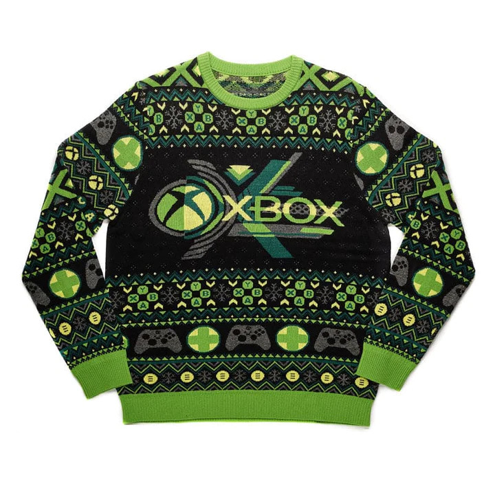 A promotional image of the ugly Xbox Christmas sweater from JustGeek.com. 