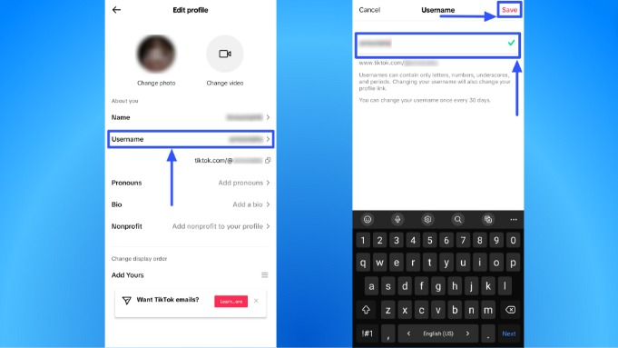 How to change tiktok username: Username field in mobile