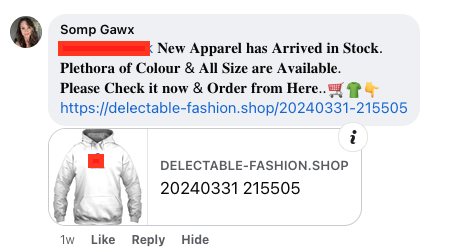 Facebook comment that reads "New Apparel has arrived in Stock. Plethora of Colour & All Size are Available. Pleas Check it now & Order from Here... (emojis), (link to an unaffiliated and unverified shop with an image of a hoodie featuring our clients' logo). 