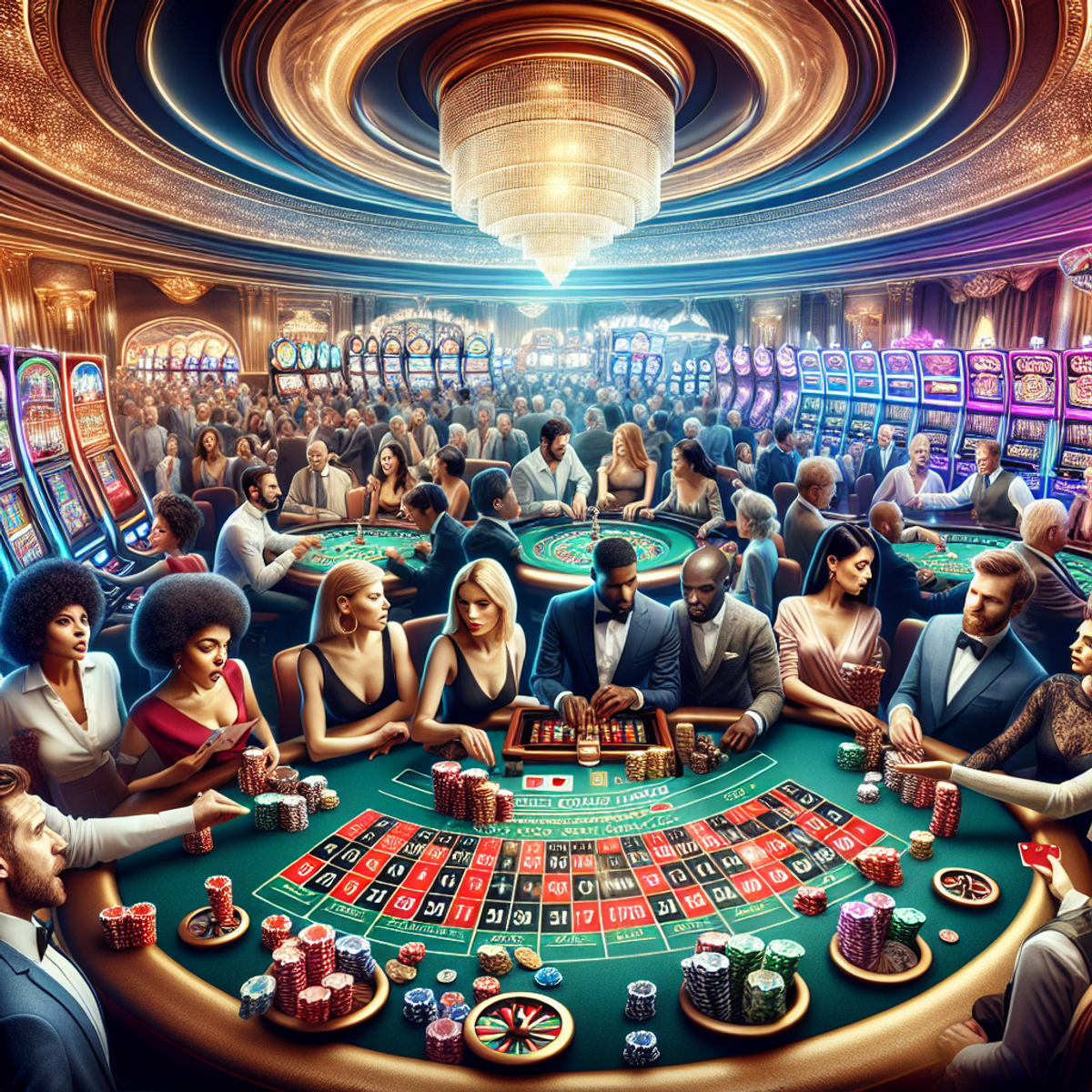 A bustling casino floor with diverse players engaged in various games like roulette, slot machines, poker, and blackjack. Excitement fills the air as players immerse themselves in the vibrant atmosphere.