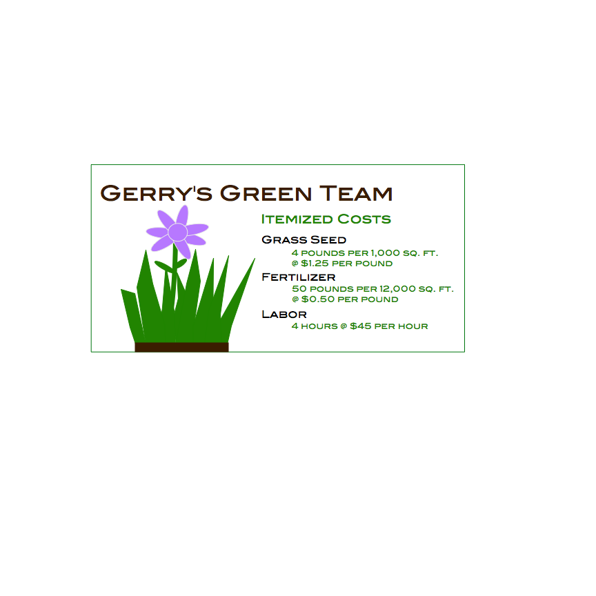 Gerry's Green Team flyer. Grass seed = 4 pounds per 1000 sg ft at !1.25 per pound. Fertiziler: 50 pounds per 12000 sq ft at $0.50 per pound. Labor: 4 hours at $45 per hour.