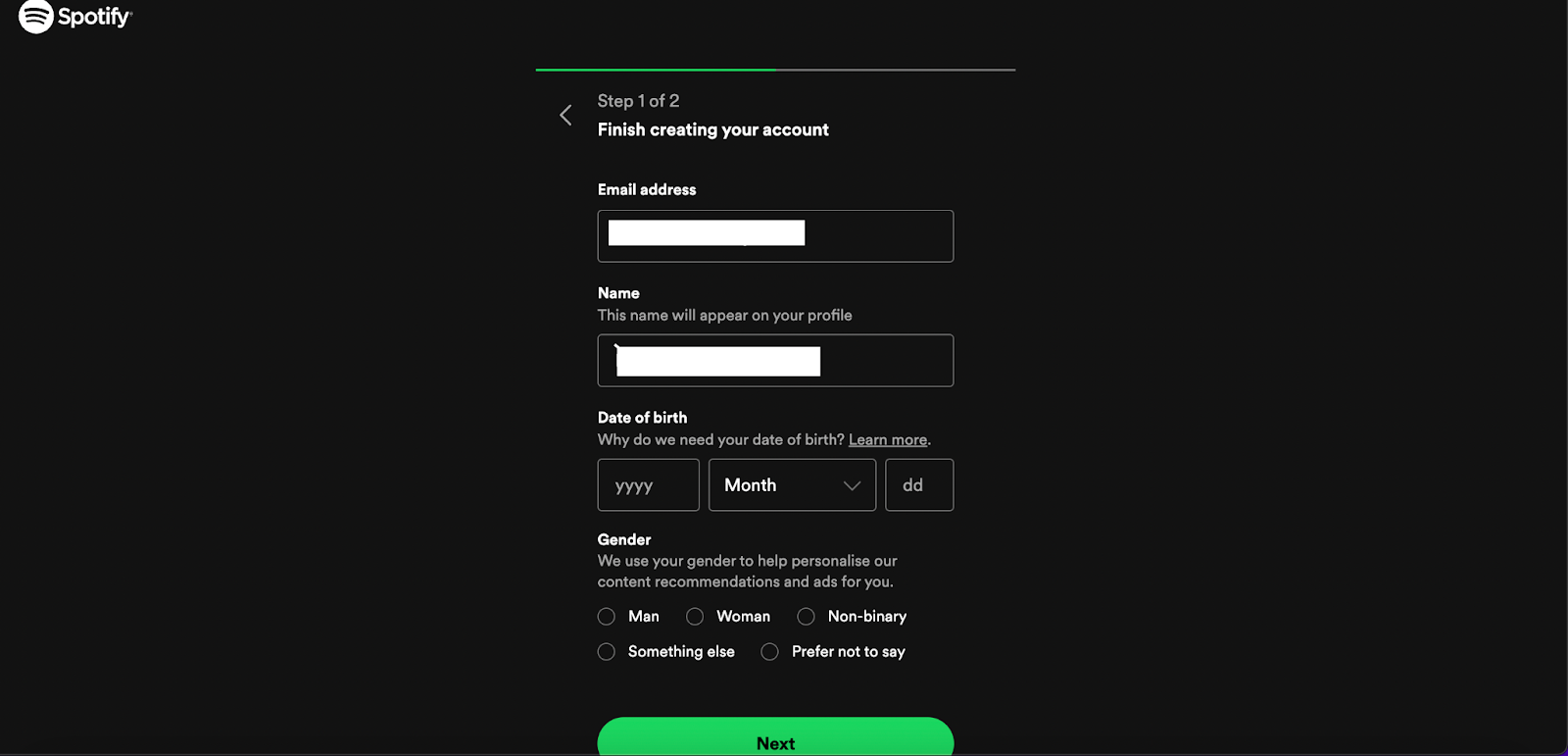 Spotify's simple onboarding process are a great way to collect zero-party data.