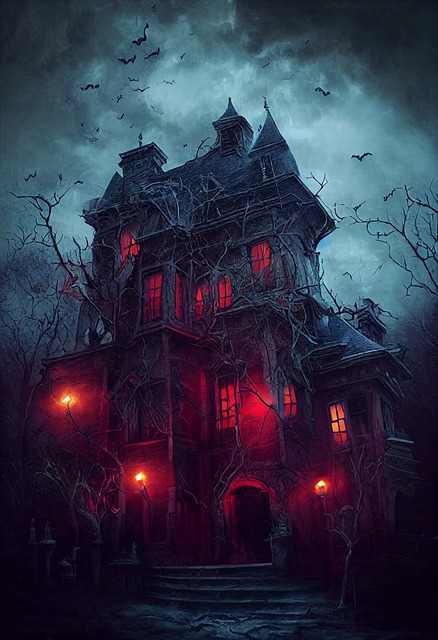 Haunted house with scary orange flamed lights on