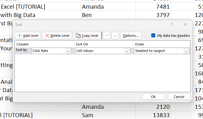 The order in the sort dialog box changes depending on the content of the column.