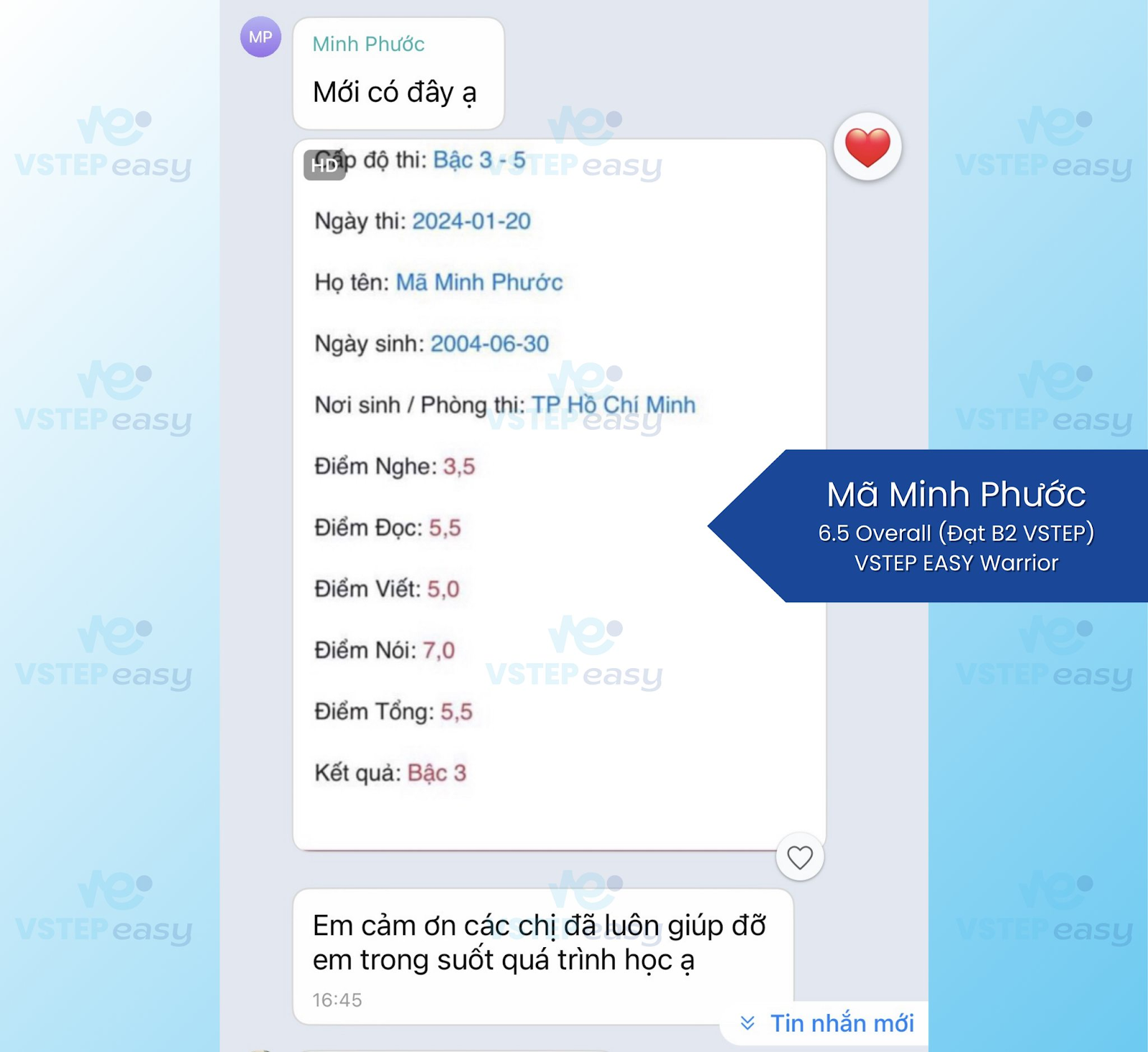 Bạn Mã Minh Phước xuất sắc từ học sinh mất gốc Tiếng Anh đi lên với số điểm 5.5 Overall đạt B1 VSTEP.