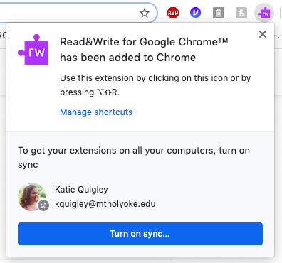 Screenshot of a notification saying the Read&Write extension  has been successfully added to your browser. 