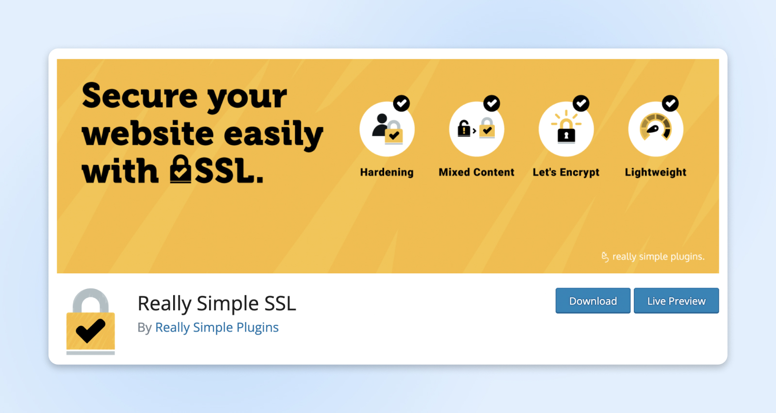 captura de pantalla del SSL Really Simple que se encuentra en wordpress.org con botones de descarga y vista previa