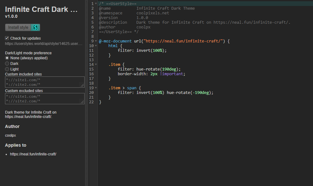 A snap of Stylus settings enabling Dark Mode for Infinite Craft