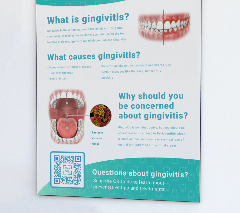 A blue and white poster at a dentist’s office providing gum care information and a QR Code which once scanned allows you to access more information. 