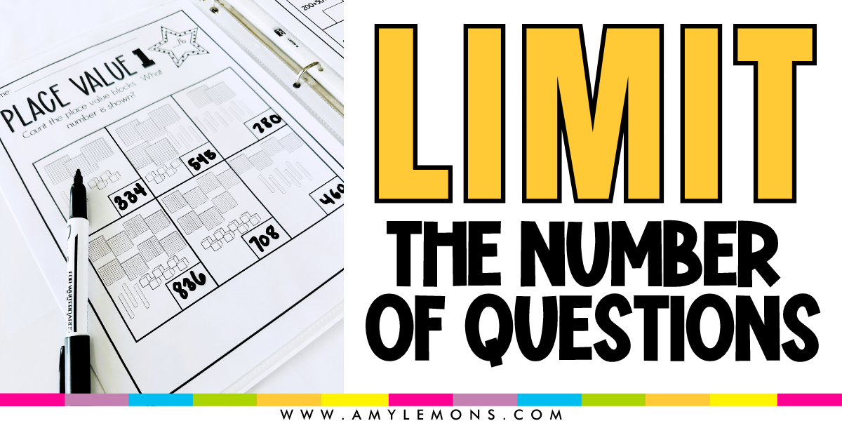 Math assessment printable for place value and the tip to limit the number of questions on math tests.