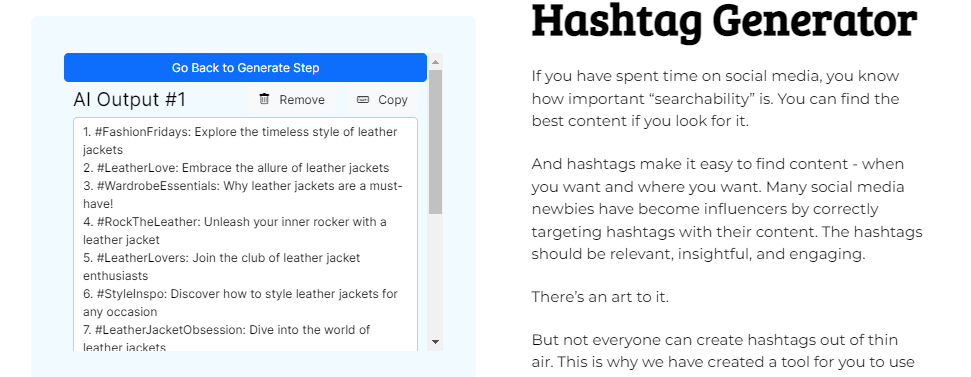 Output of Content Gorilla's Hashtag Generator