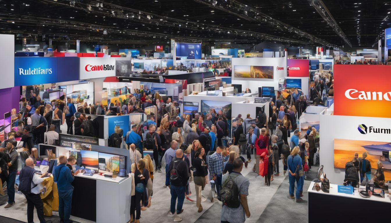 A bustling trade show floor with colorful booths and diverse attendees.