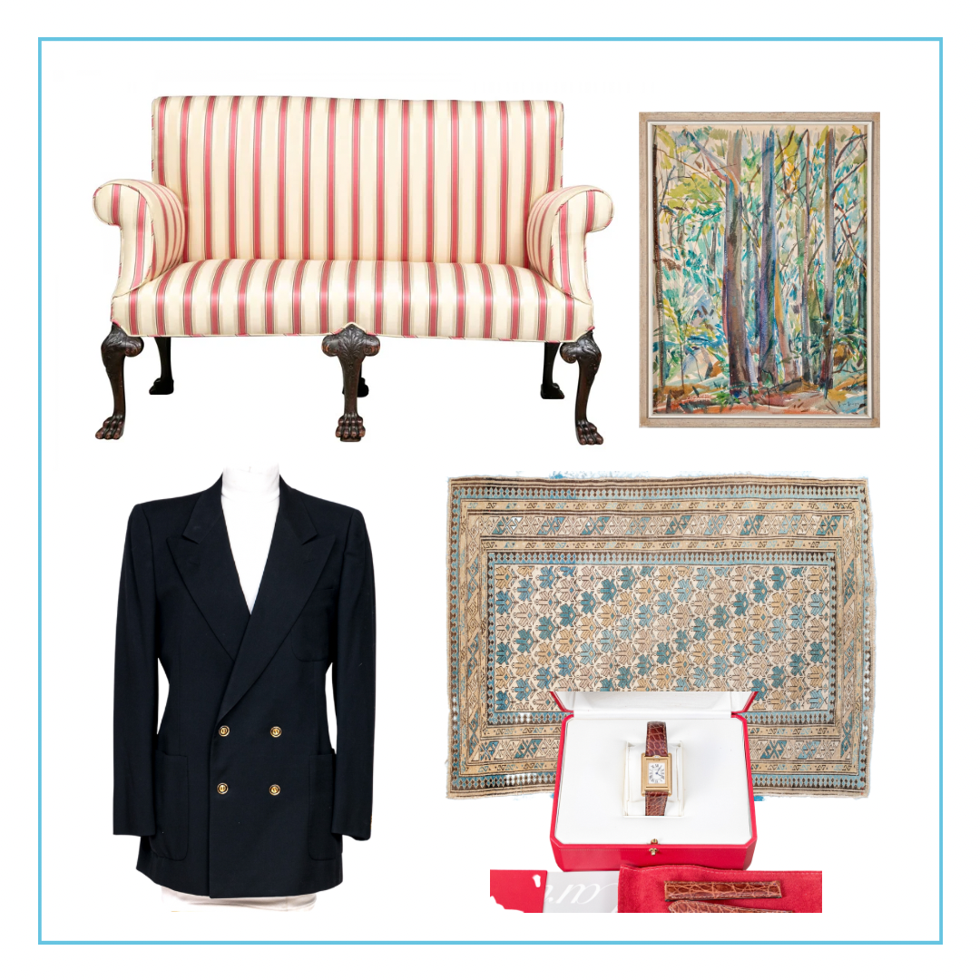 Lindsey's curation includes a 19th-century carved settee, antique wool carpet, Frank Weston Benson watercolor, G. Gucci black wool blazer, and Cartier women's watch in 18k gold.