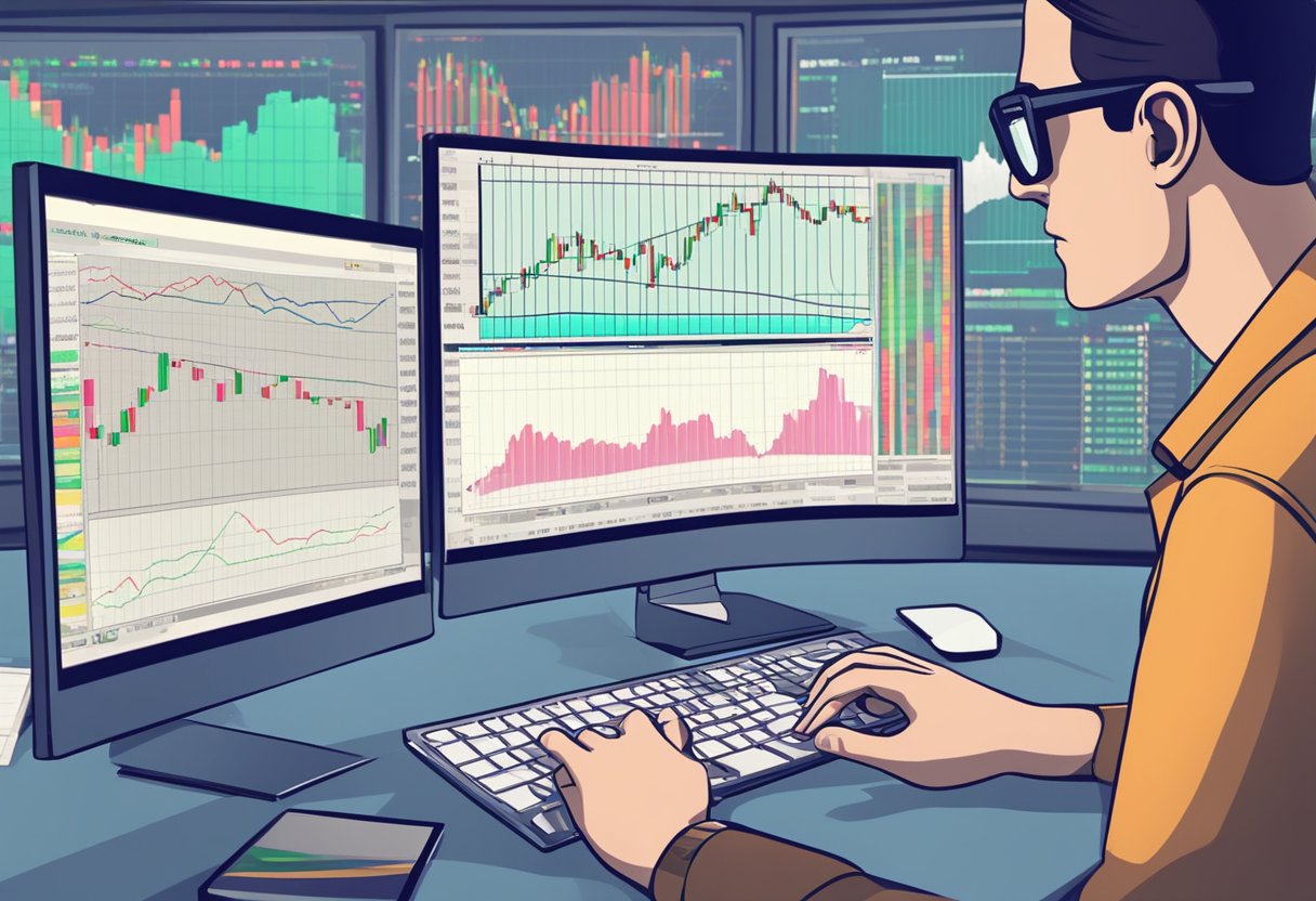 A computer screen displaying stock market charts and technical analysis tools. A trader monitors the fluctuating patterns and chart movements throughout the trading day