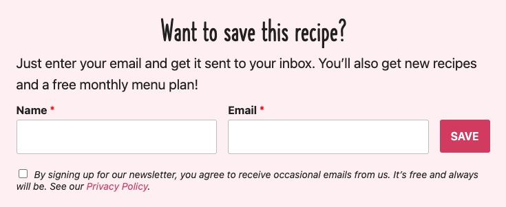 The Recipe Rebel Blog example of opt in WPForms design for email marketing for bloggers