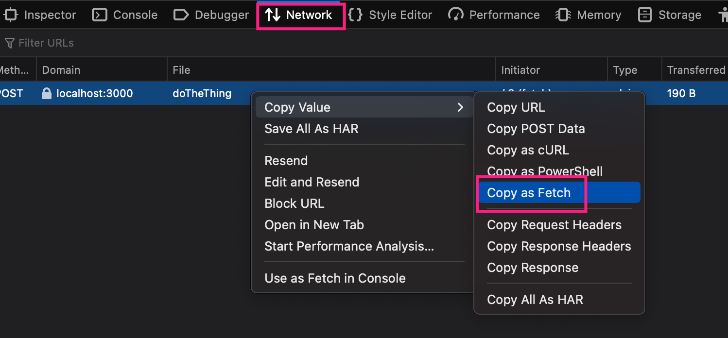 Screenshot of the Firefox dev tools, highlighting that the network tab has been selected. The context menu is open on a request, with the Copy Value, Copy as Fetch menu item highlighted.