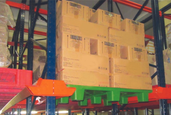 Plastic pallet with racking feature.