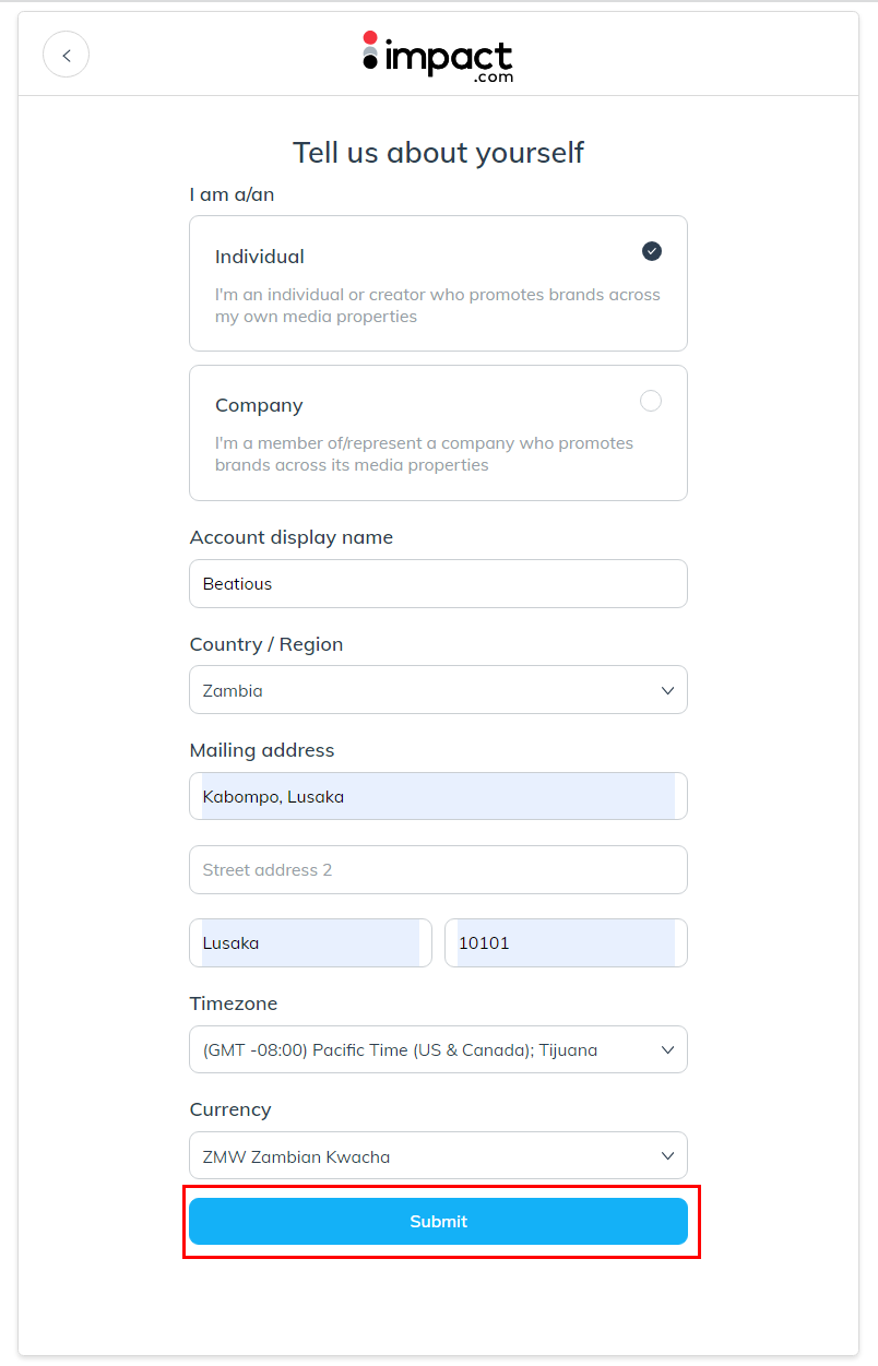 Impact radius sign up page step 6