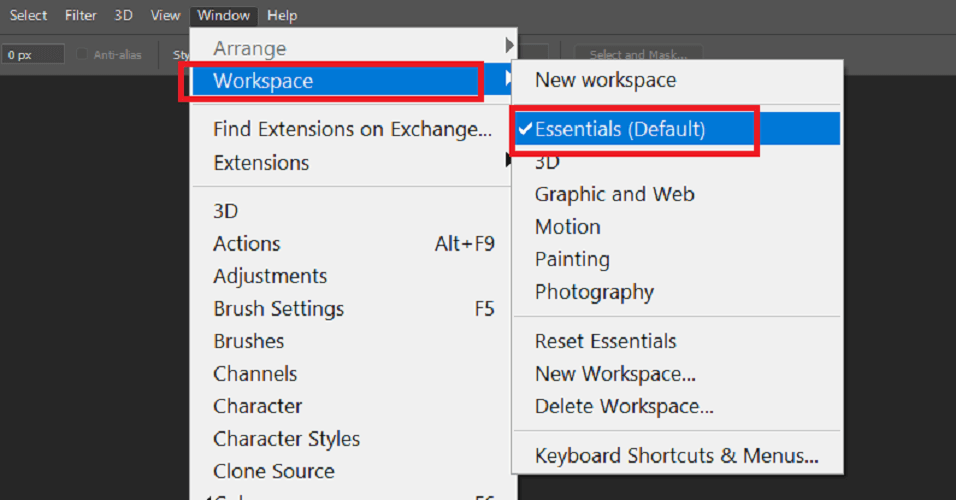  Đặt lại Essentials workspace- thanh công cụ trong Photoshop bị ẩn