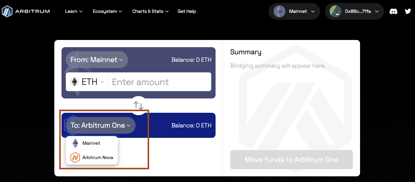 Connect e-wallet to Arbitrum bridge