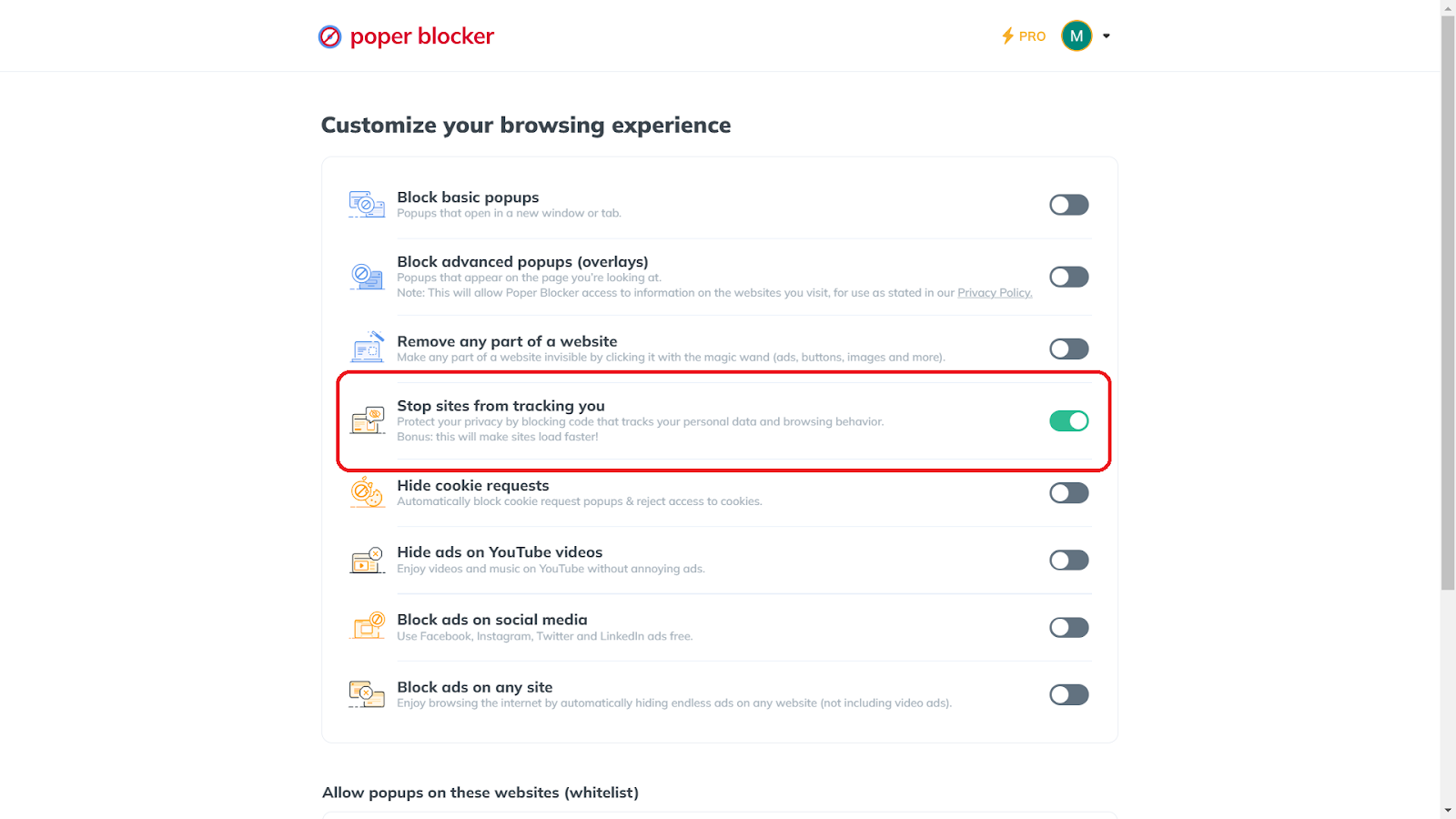 Poper blocker's tracker blocking feature