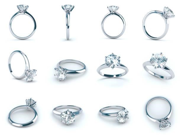 Solitaire diamond engagement rings, various camera angles, isolated on white background white gold engagement ring with a big round brilliant cut solitaire diamond in a six prong setting Diamond ring stock pictures, royalty-free photos & images