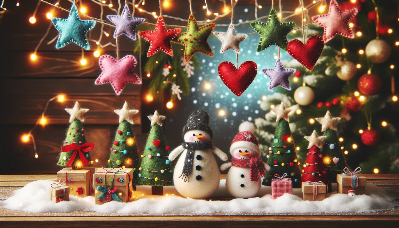 paisagem exibindo decorações de Natal de feltro: estrelas e corações em cores vibrantes pendurados em uma guirlanda festiva