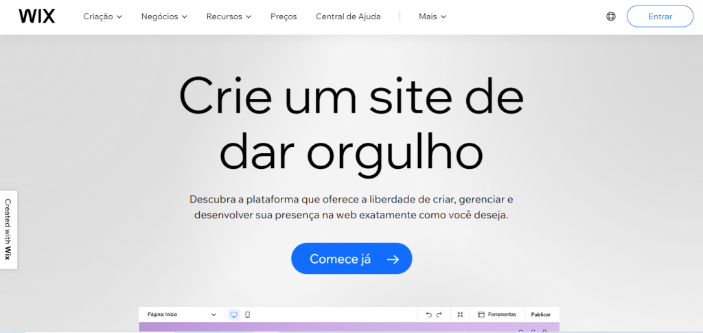 Início do site da Wix indicando a facilidade de abrir um e-commerce