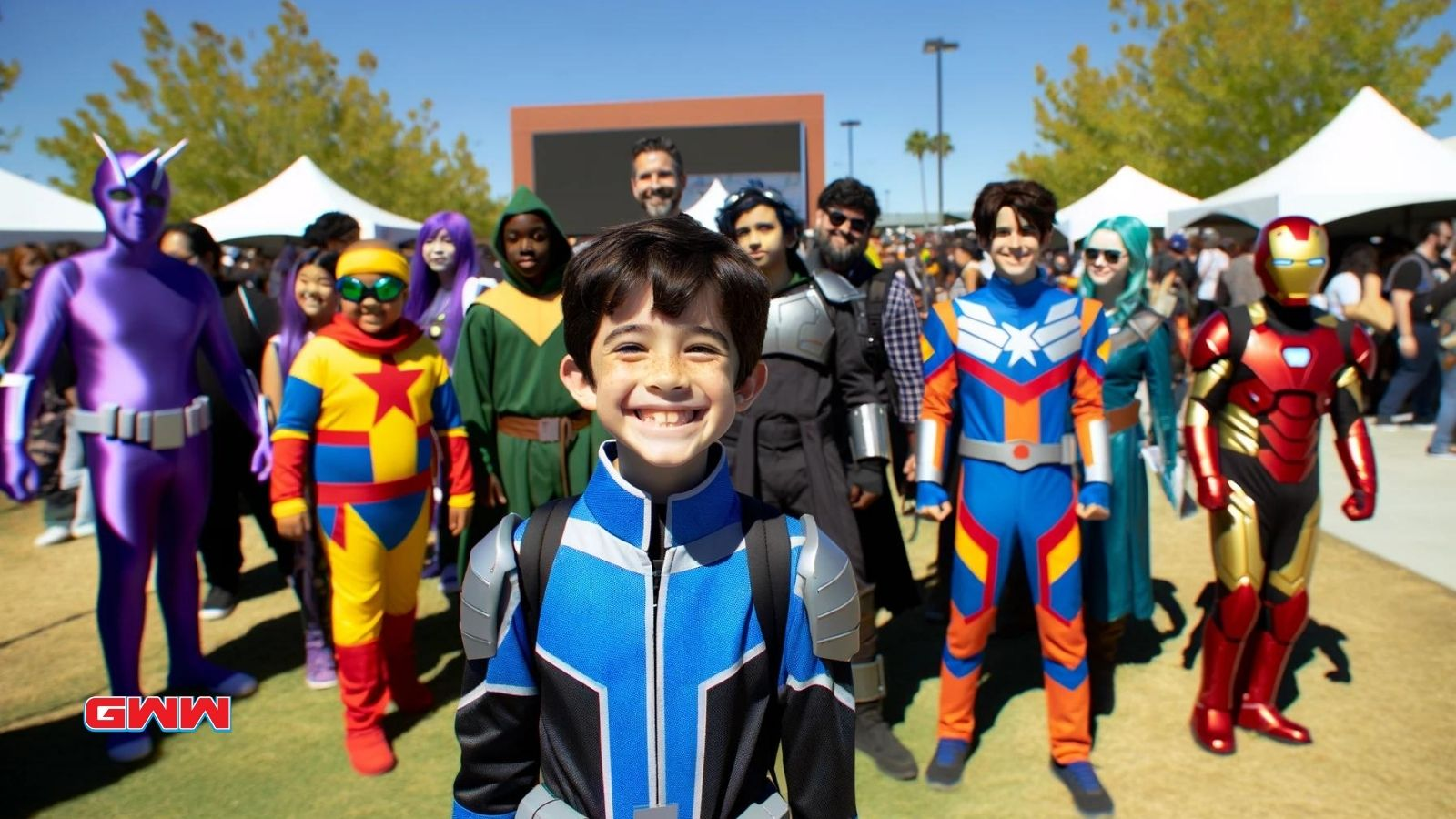 12-year-old in superhero costume at cosplay event with crowd