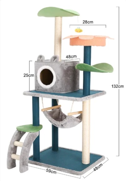 A Studio Ghibli: My Neighbor Totoro themed cat tree with dimensions. There are three levels with a cute cat condo, a cat resting area, a ladder and a hammock. This is the perfect holiday cat gift!