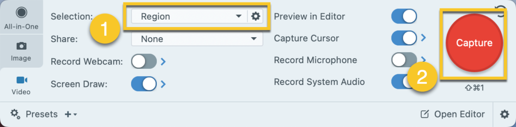 How to select a region to record in Snagit