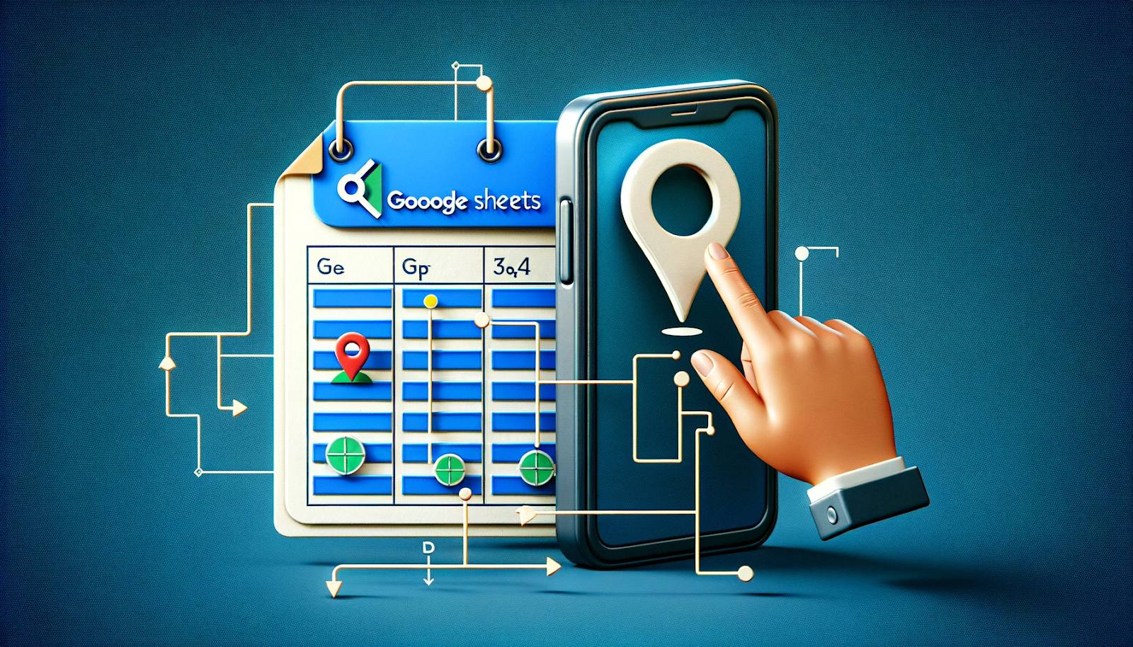 An illustrated hand interacts with a smartphone screen displaying a location pin icon, symbolizing geolocation services. In the background, a Google Sheets document with data points and charts connects to the phone, representing the integration of data management and mapping technology.