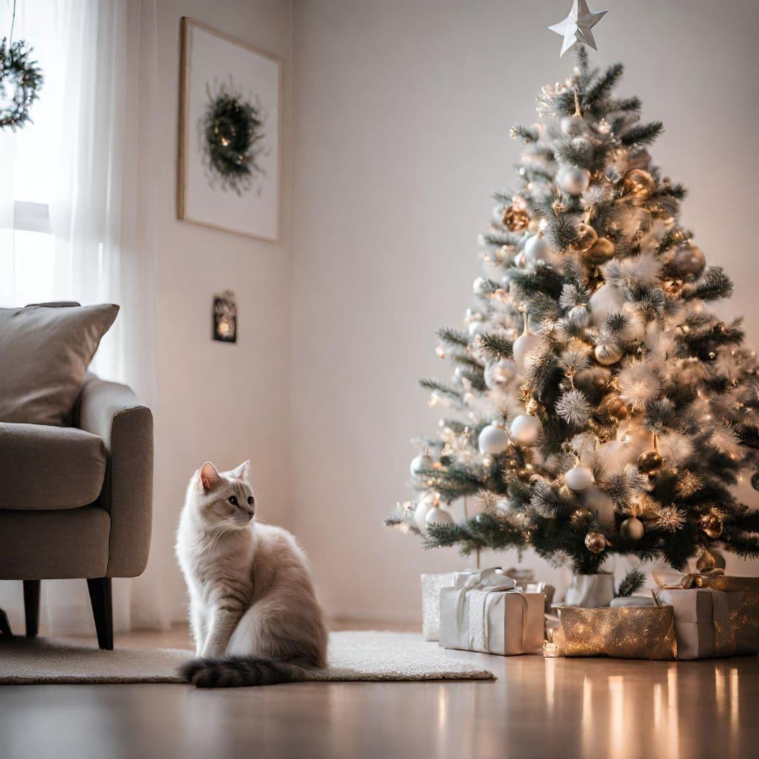 cat in front of the Christmas tree