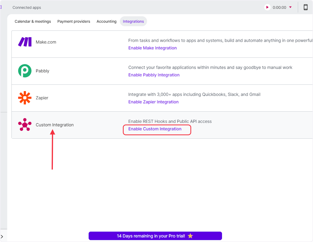 Click on the "Enable Custom Integration" button.
