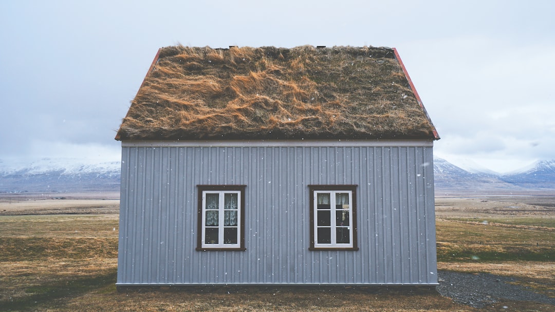 Een huis met gras op het dak. 
