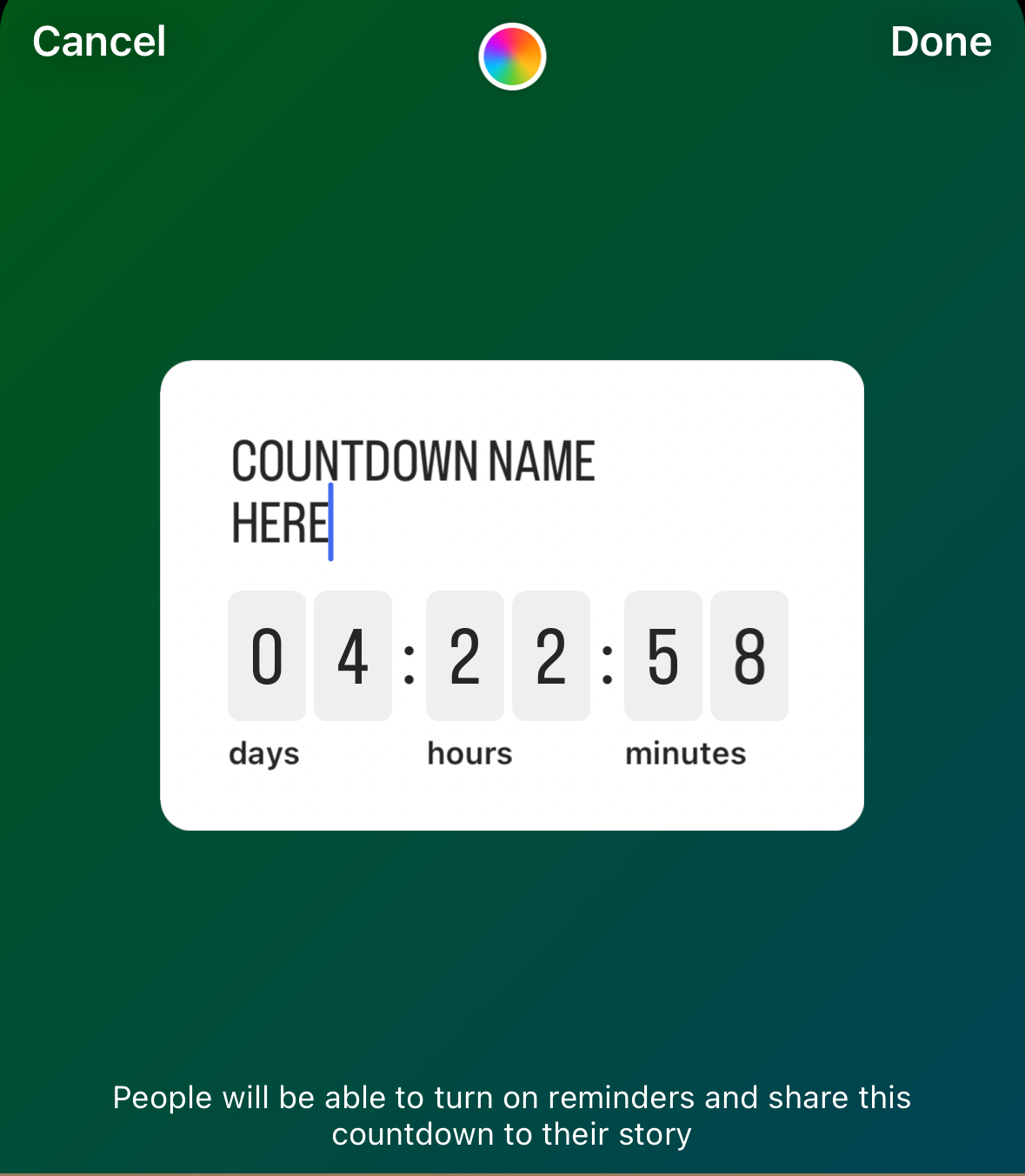 A screenshot showing an example of a countdown in an Instagram story.