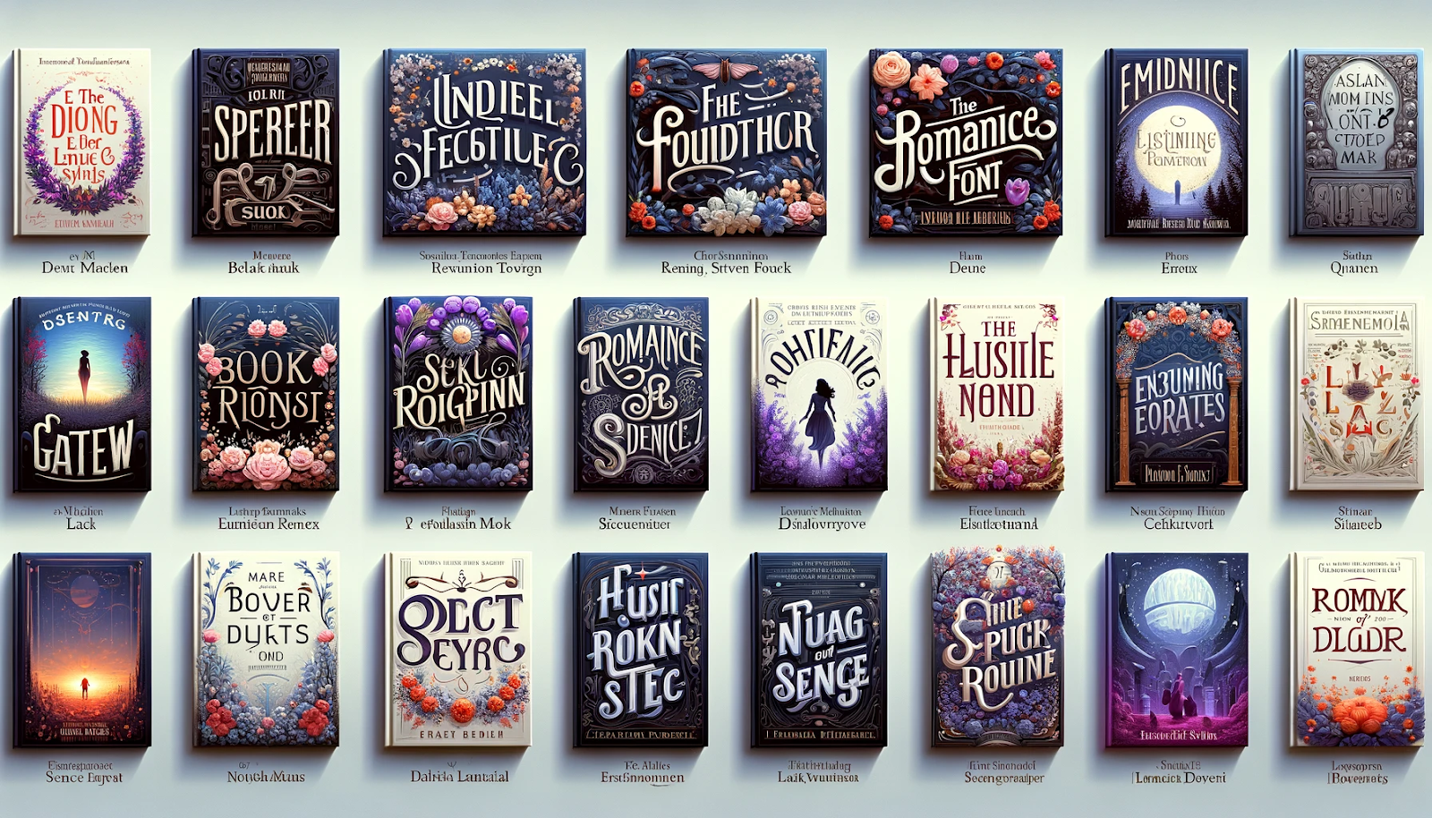 A grid of fantasy-themed book covers with ornate typography and floral designs.