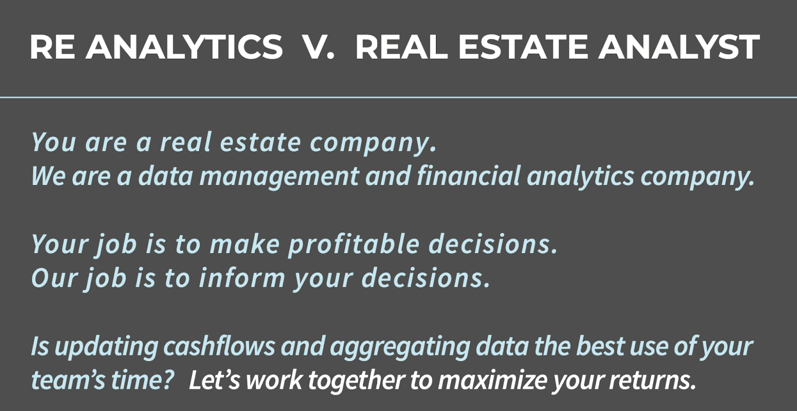 RE Analytics Comparison