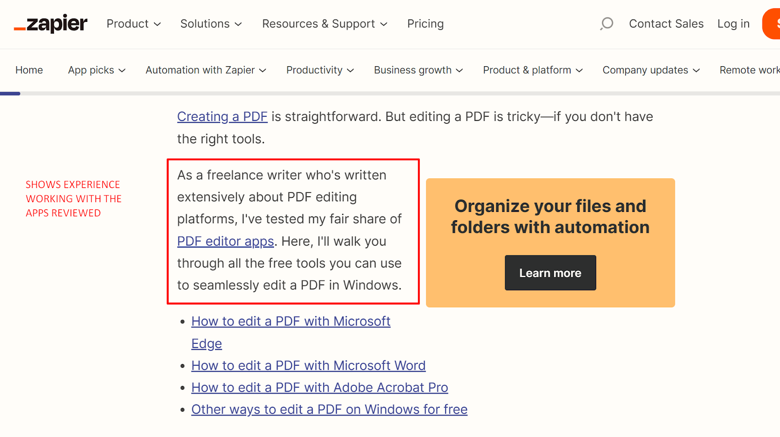 Zapier blog using SEO principles