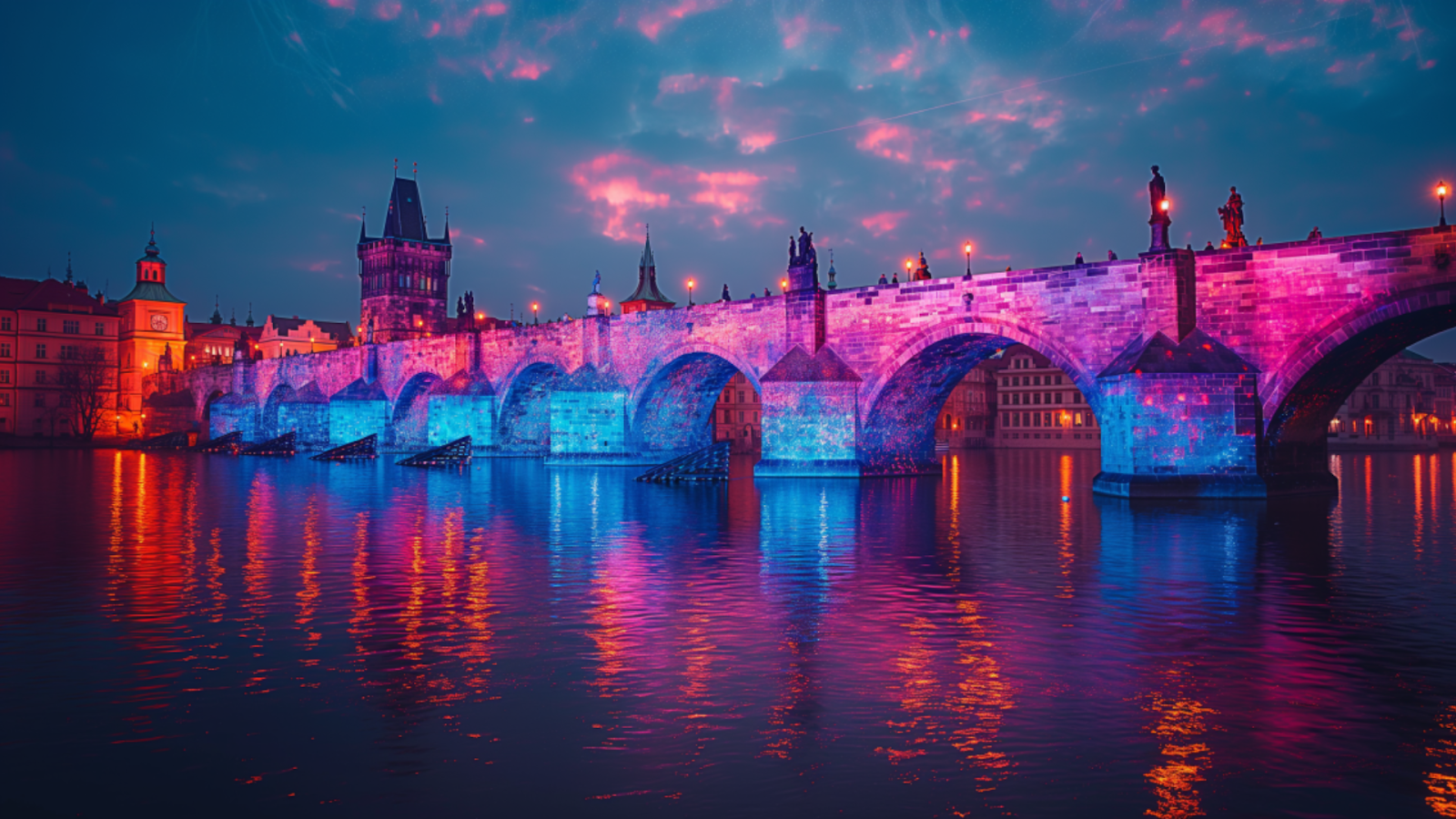 Colorful light projections on Charles Bridge at night during the Prague Signal Festival.
