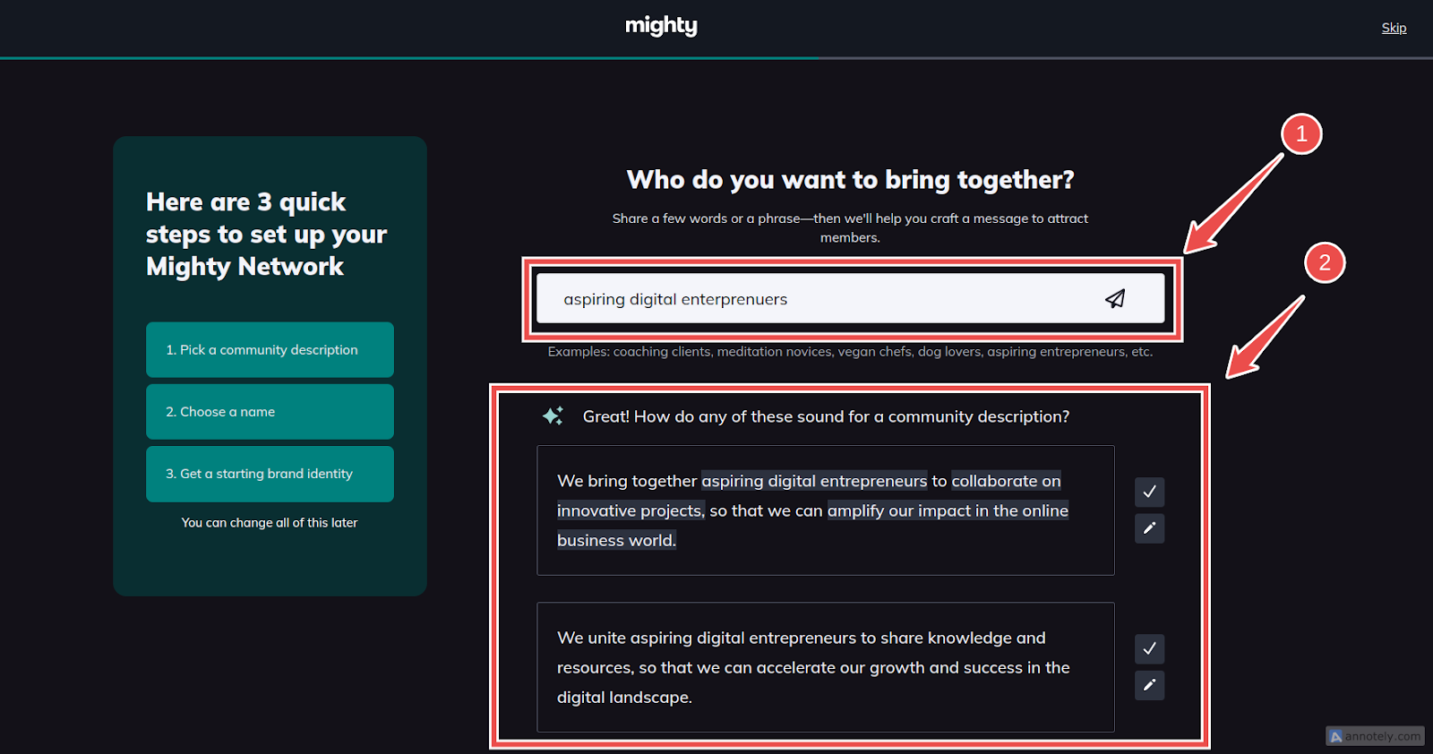 Mighty Networks AI generates a community description