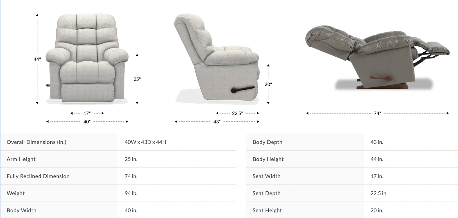 gibson wall recliner dimensions