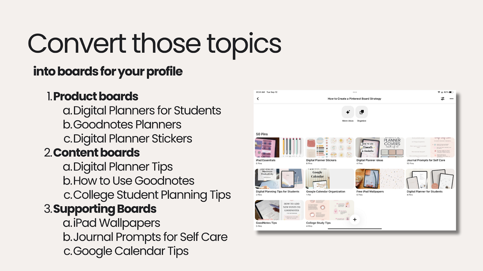 how to create a pinterest board strategy with all your content topics