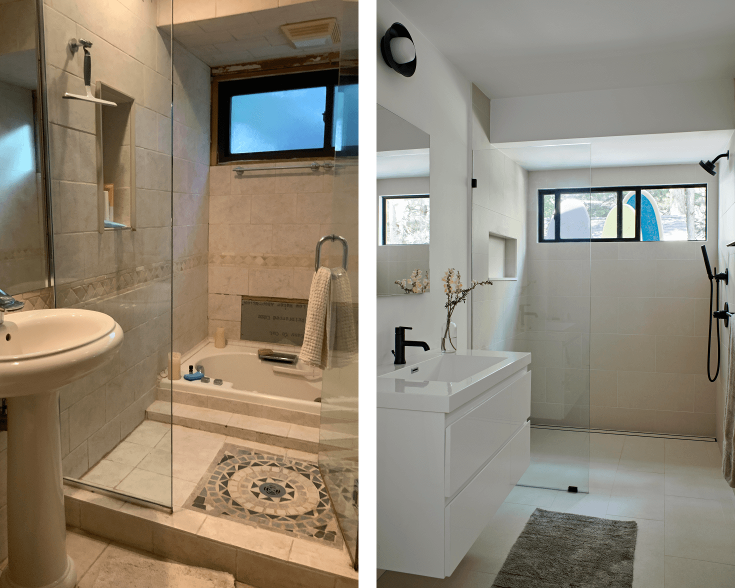 Before and after tub to shower conversion. The before has a sunken in tub, which was replaced by an extra large contemporary walk-in shower featuring a glass enclosure, matte black fixtures, and a niche.